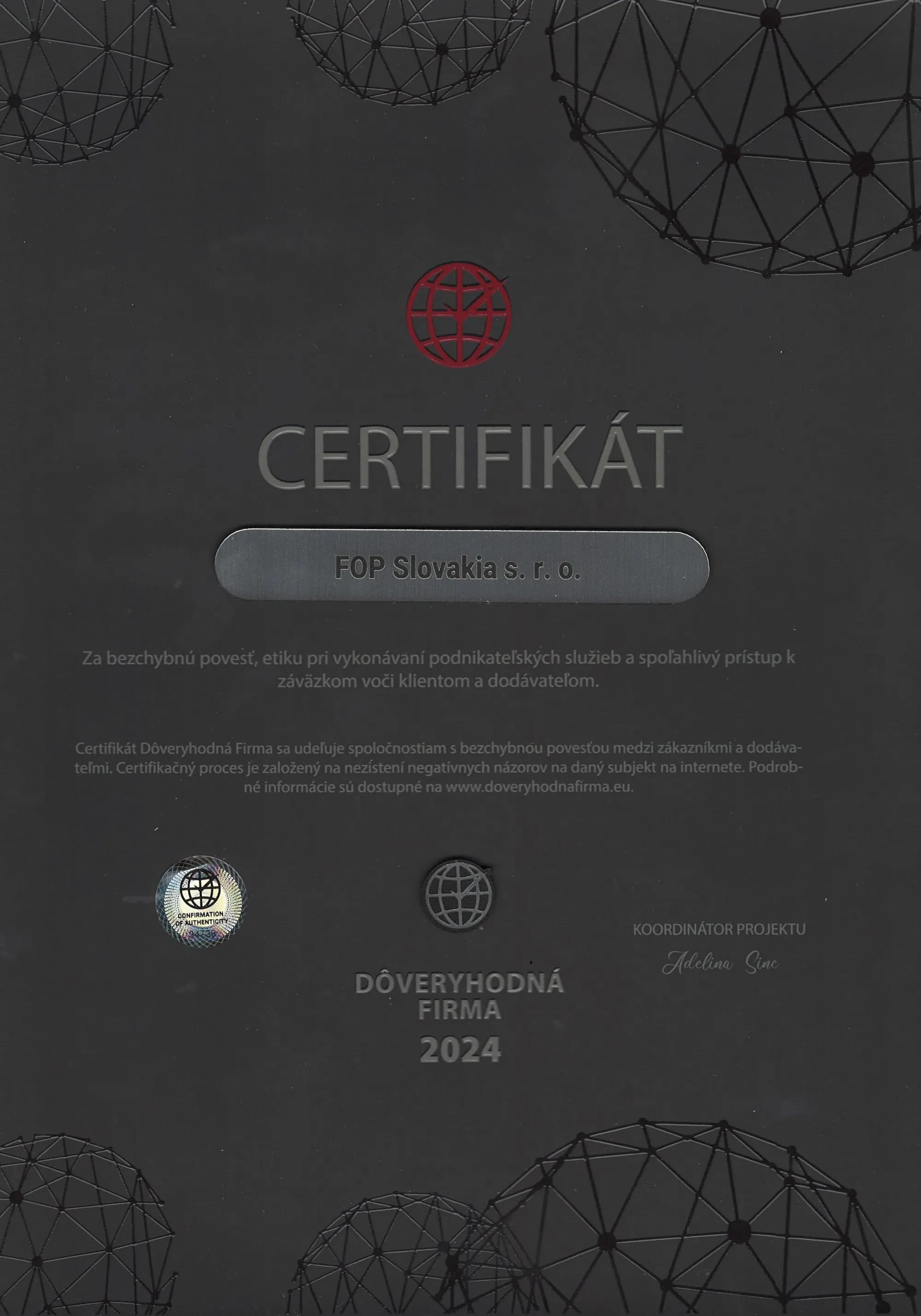 Certifikát Dôveryhodná Firma